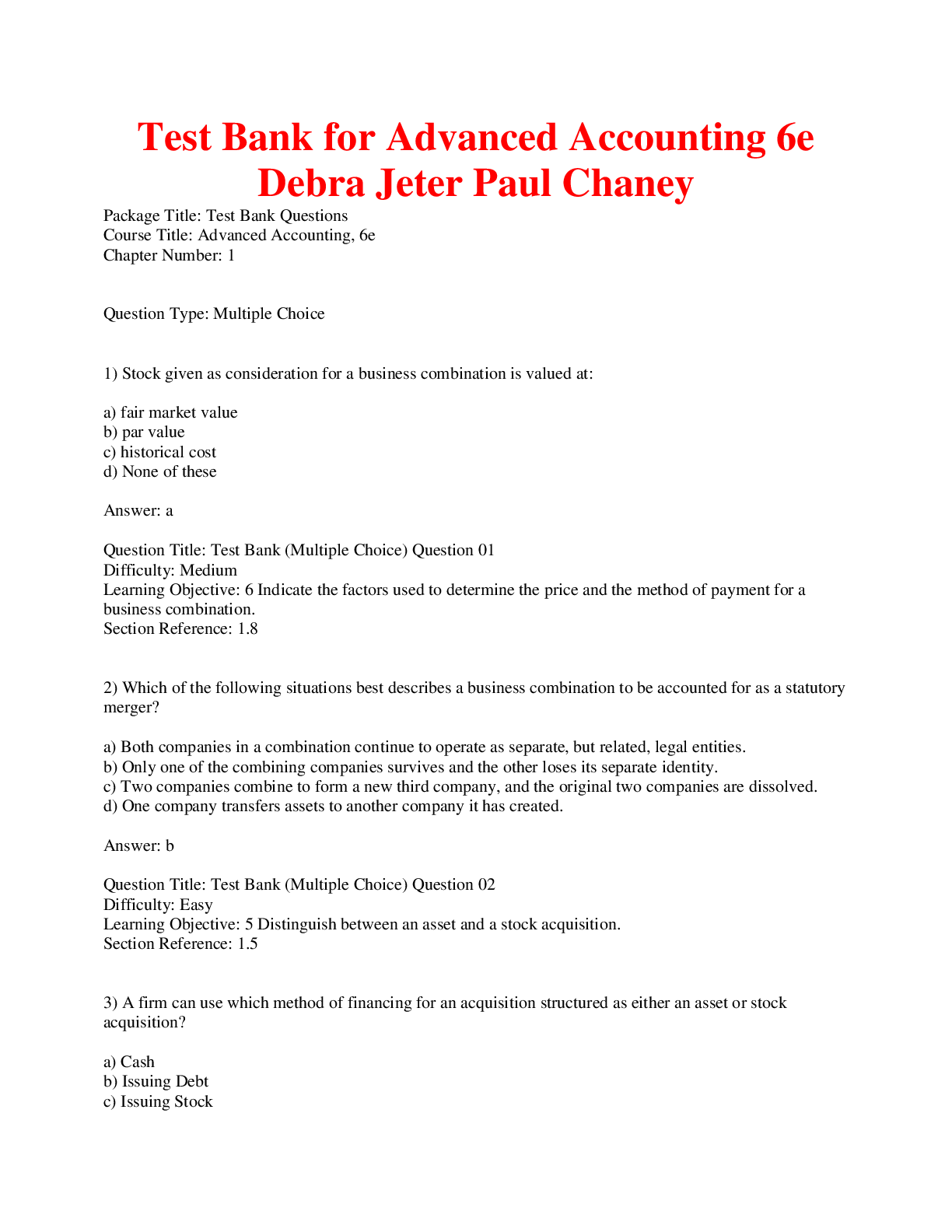 Preview of Test Bank for Advanced Accounting 6th Edition By Debra Jeter Paul Chaney